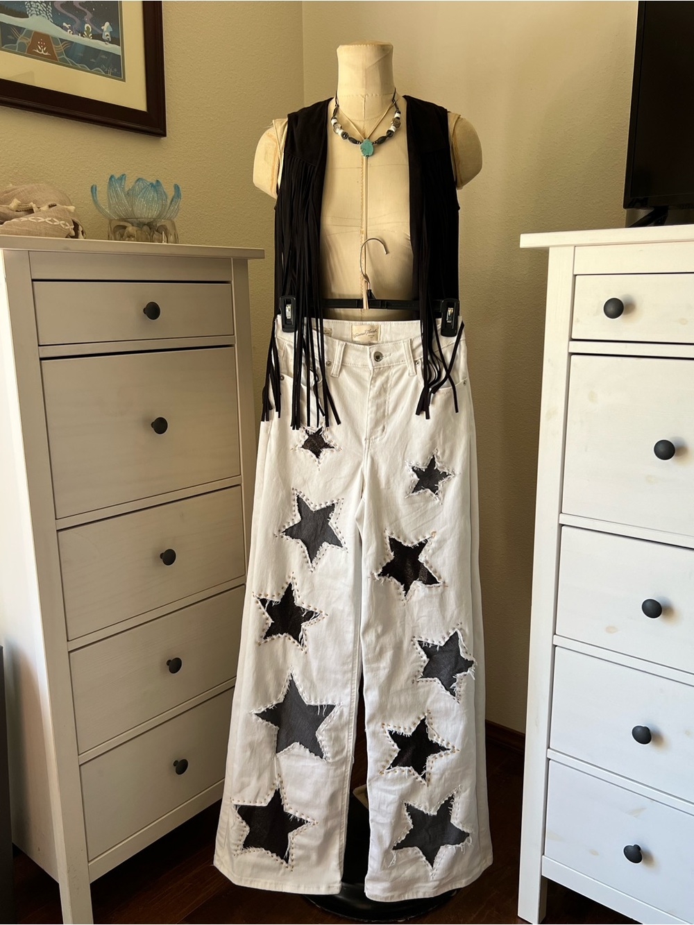 Universal Thread White Wide-Leg Jeans with hand stitched bronze and silver stars
